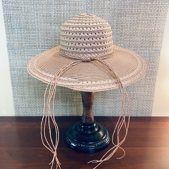 🌟2xHP🌟NWOT Tan Wide Brim Paper Straw Hat with Paper Raffia Trim Marcus Adler - Picture 6 of 11